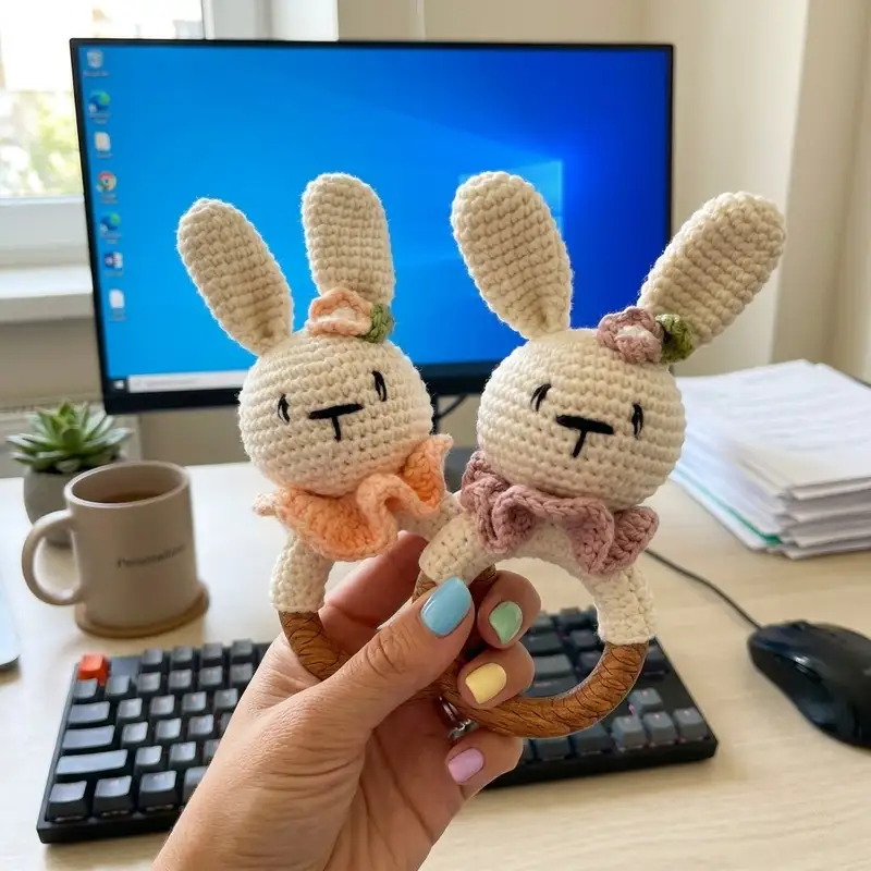 Quality crochet pattern: Bunny Baby Rattle with Teether Ring Amigurumi Pattern - Beginner Friendly level guide with complete instructions