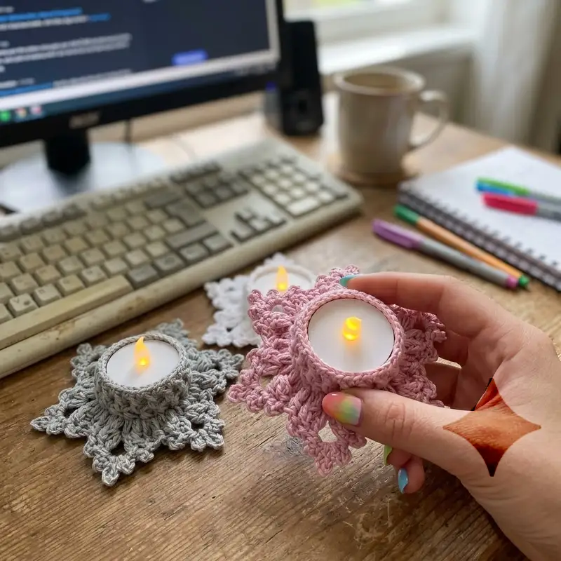 Complimentary Intermediate crochet pattern: LED Tealight Holder Let it Snow Pattern - Simple to follow guide