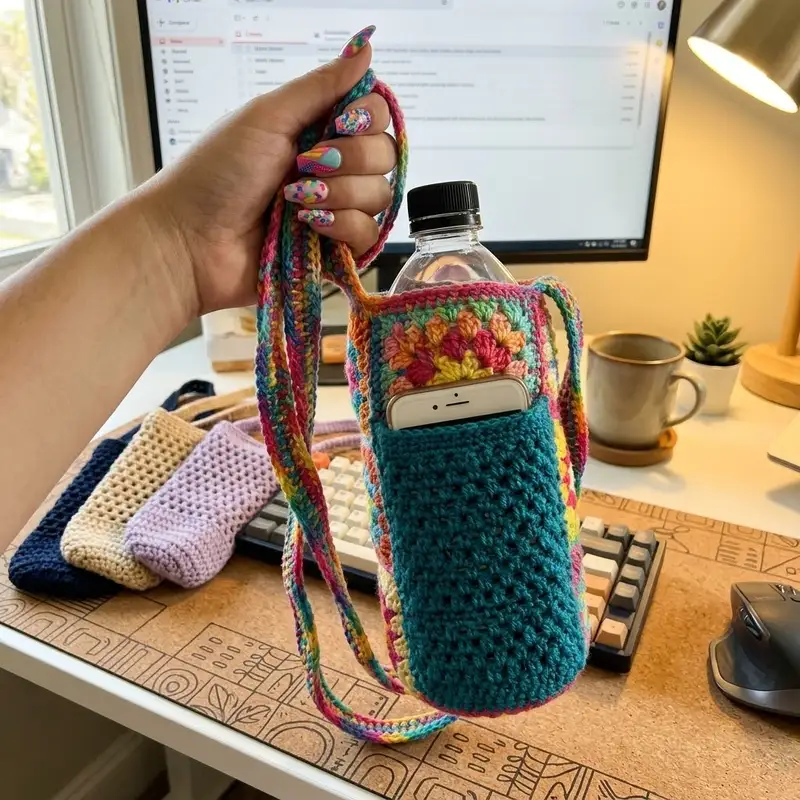 Complimentary Beginner Friendly crochet pattern: Granny Square Pocket Bottle Holder Pattern - Simple to follow guide