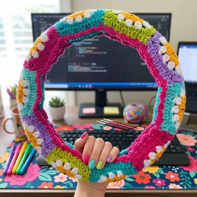 Complimentary Intermediate crochet pattern: Smiley Face Steering Wheel Cover Pattern - Simple to follow guide